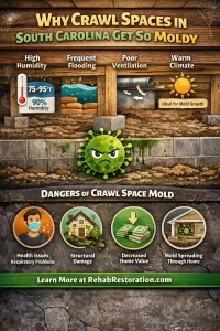 Reasons crawl spaces get moldy includes poor ventilation, high humidity, and frequent floods.