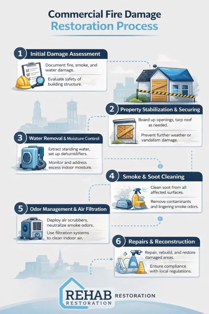 Commercial fire damage restoration process showing assessment, stabilization, smoke cleanup, drying, and repairs for business properties in Upstate South Carolina