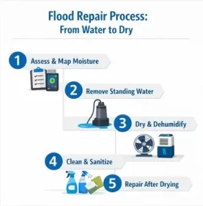 Infographic illustrating the flood repair process for Upstate South Carolina homes, showing steps from moisture assessment and water removal to drying, sanitizing, and repairs after drying. 