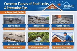 Common roof leak causes and prevention tips: storm damage, failing shingles, flashing problems, clogged gutters, debris, and maintenance checks