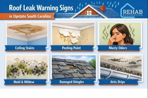 Roof leak warning signs in Upstate South Carolina: stains, peeling paint, musty smells, mold, damaged shingles, granules in gutters, and attic drips