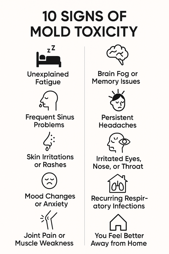 Signs of mold toxicity, including irritations and trouble breathing