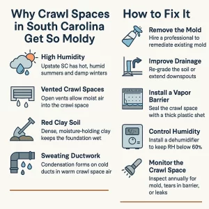 An infographic showing my crawl spaces in South Carolina get moldy and how to fix it.