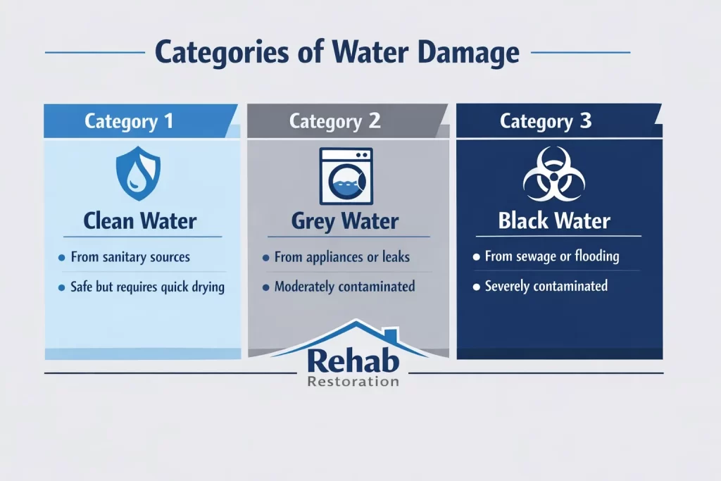 Infographic explaining the three categories of water damage—clean water, grey water, and black water—with simple examples to help homeowners understand contamination levels and cleanup considerations.