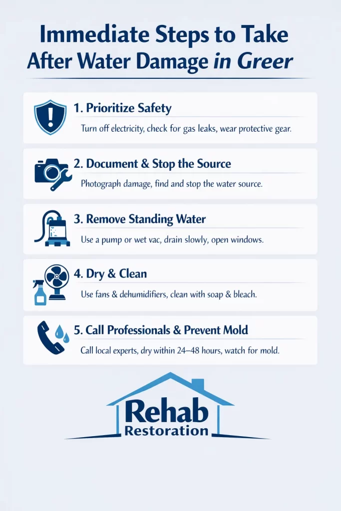 Infographic showing the immediate steps to take after water damage in Greer, South Carolina, including prioritizing safety, stopping the water source, documenting damage, removing standing water, drying affected areas, and preventing mold growth.