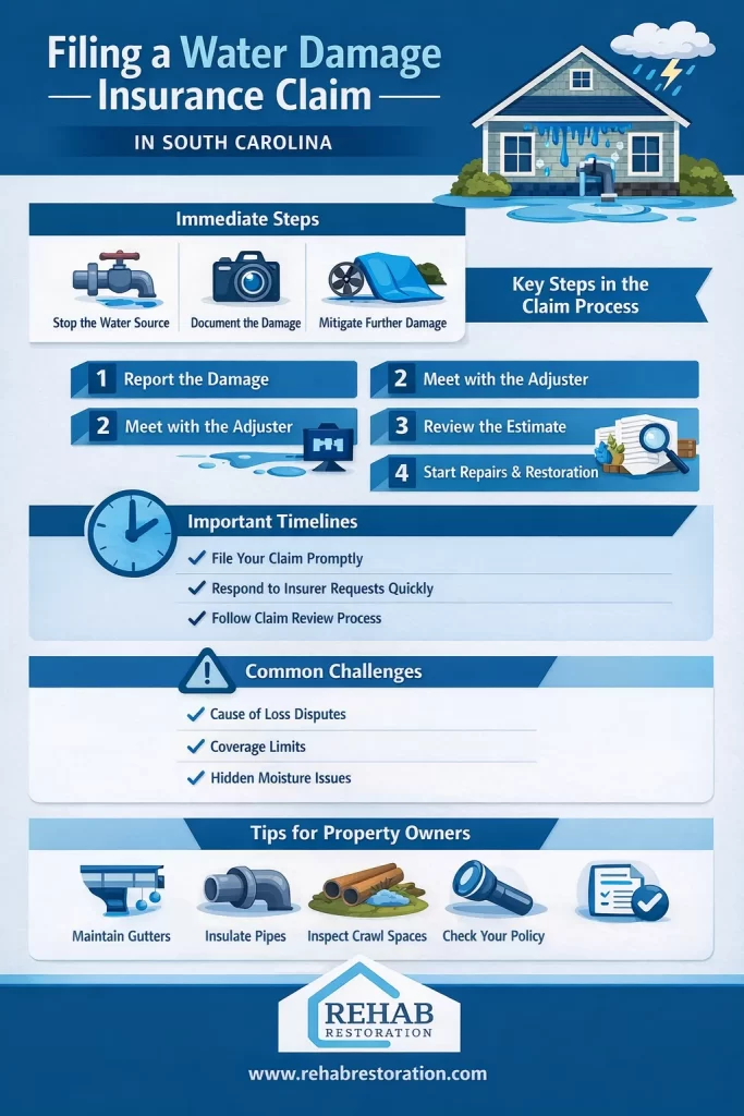 Infographic explaining the steps to file a water damage insurance claim in South Carolina, including documentation, adjuster inspection, claim review, and repair process.