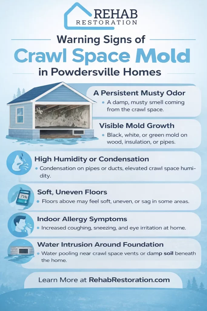 Infographic showing warning signs of crawl space mold in Powdersville homes including musty odors, visible mold, humidity, uneven floors, allergies, and water intrusion