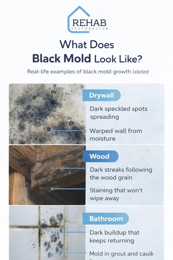 Black mold examples on drywall, wood, and bathroom surfaces showing dark spots, streaks, and moisture damage