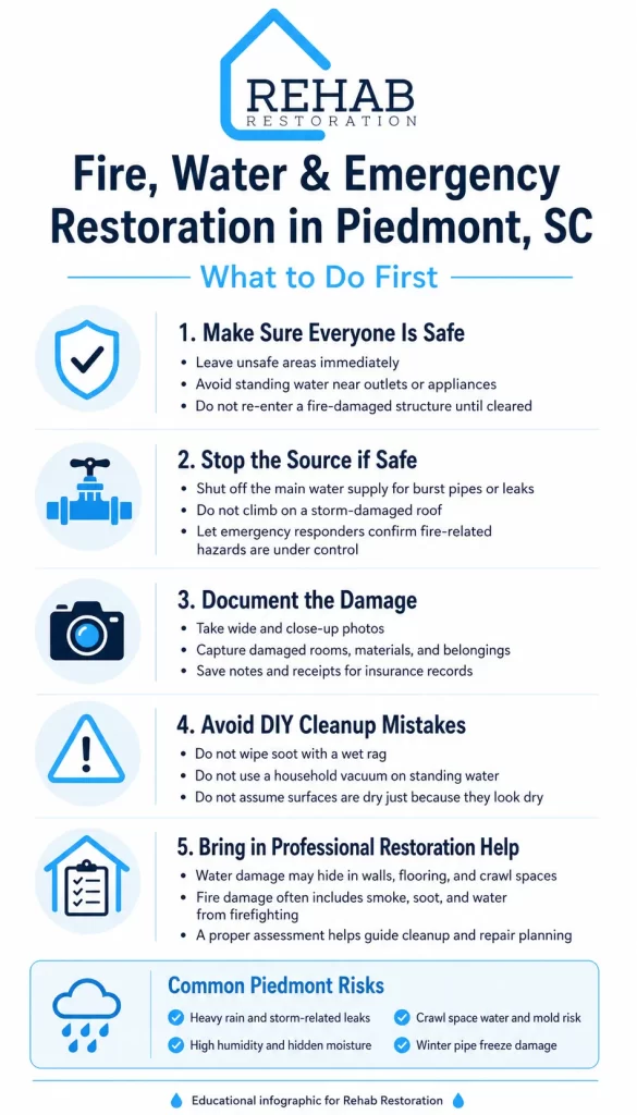 Infographic explaining what to do first after fire, water, or emergency property damage in Piedmont, SC, including safety, stopping the source, documentation, cleanup mistakes, and professional restoration help.