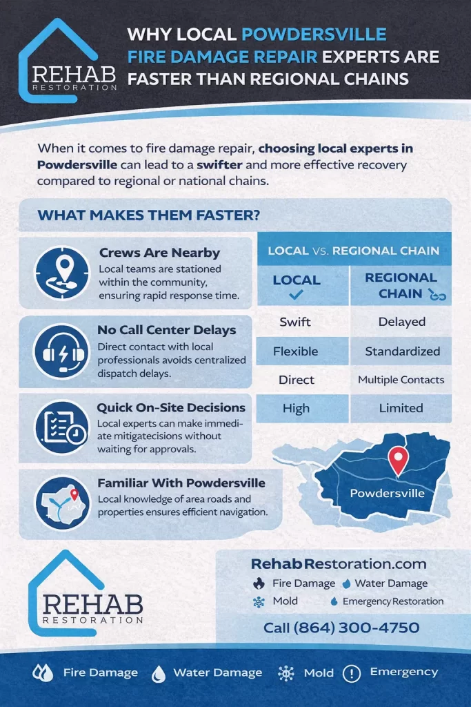Infographic comparing local fire damage repair experts in Powdersville to regional restoration chains, highlighting faster response times and local advantages