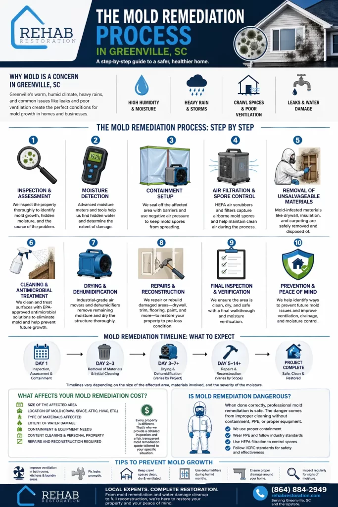 Mold remediation process in Greenville SC step-by-step infographic showing inspection, containment, removal, cleaning, drying, and restoration