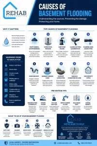 Infographic explaining the common causes of basement flooding including heavy rainfall, hydrostatic pressure, sump pump failure, clogged gutters, plumbing leaks, sewer backups, and prevention tips for homeowners in Upstate South Carolina.