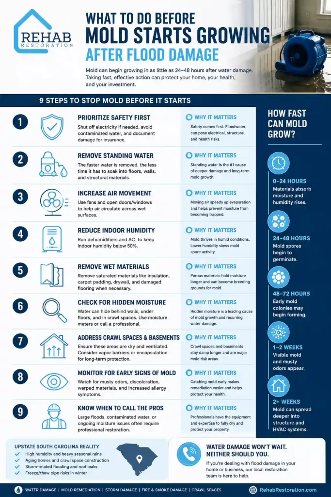 Infographic explaining what to do before mold starts growing after flood damage, including water removal, drying, humidity control, crawl space moisture prevention, and the mold growth timeline in Upstate South Carolina.