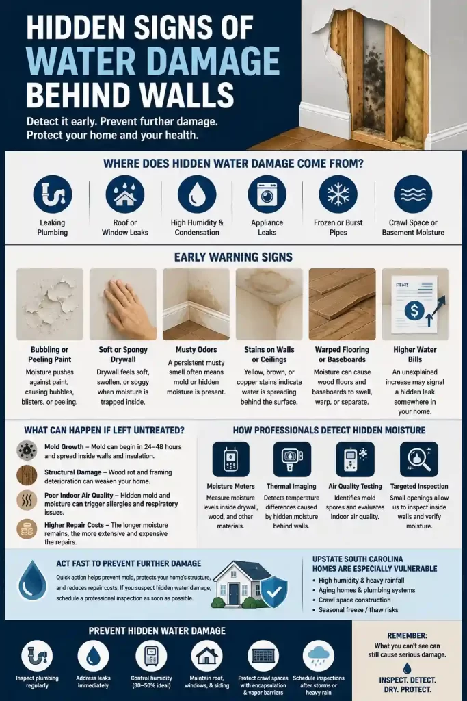 Infographic showing hidden signs of water damage behind walls including bubbling paint, soft drywall, musty odors, warped flooring, mold growth, moisture detection tools, and hidden water damage risks in Upstate South Carolina homes.