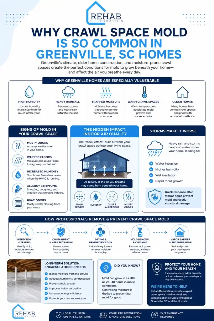 Infographic explaining why crawl space mold is common in Greenville SC homes, including humidity, storms, indoor air quality, encapsulation, and mold prevention